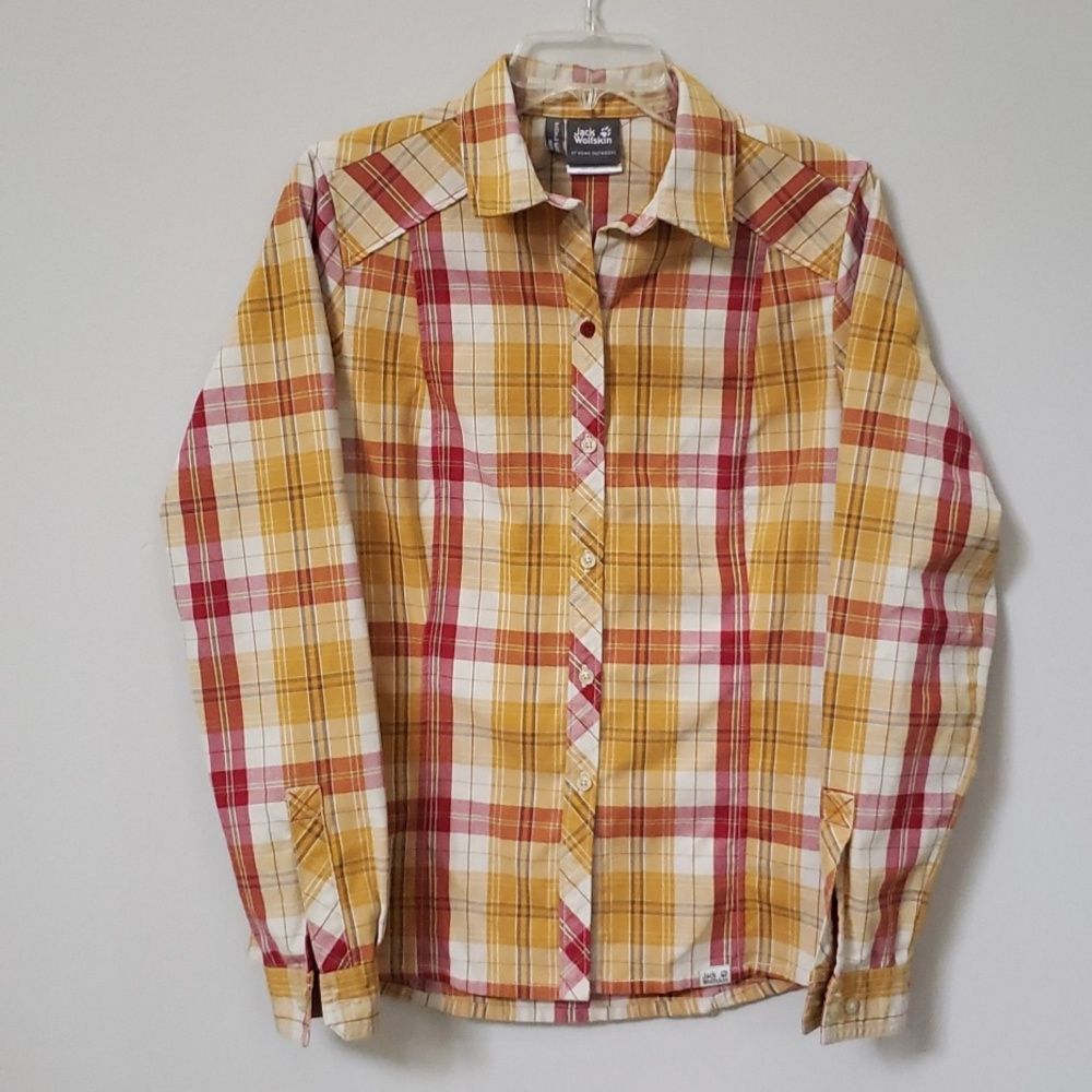 Jack Wolfskin Shirt Womens sz M Slim Fit Western Style Plaid Button Down
